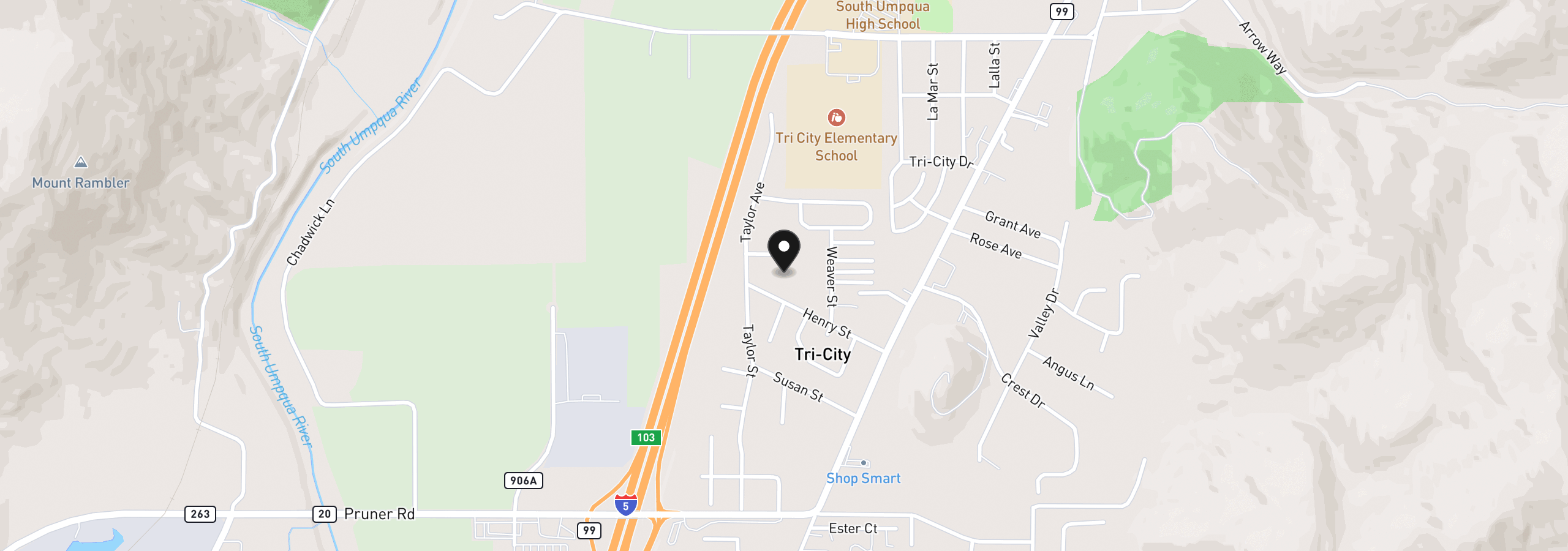 Map showing the location of 203 Henry St, Myrtle Creek, OR 97457