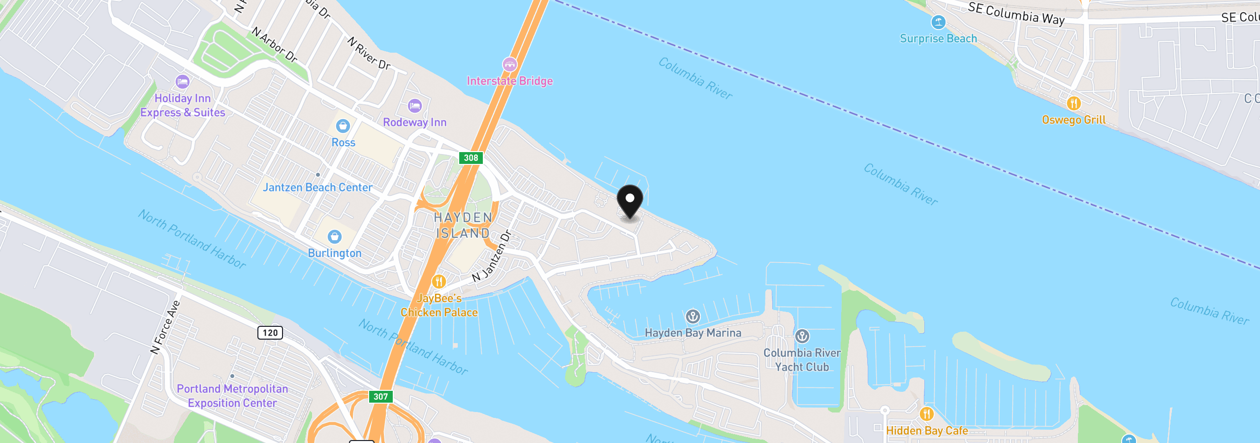 Map showing the location of 707 N Hayden Island Dr 328, Portland, OR 97217