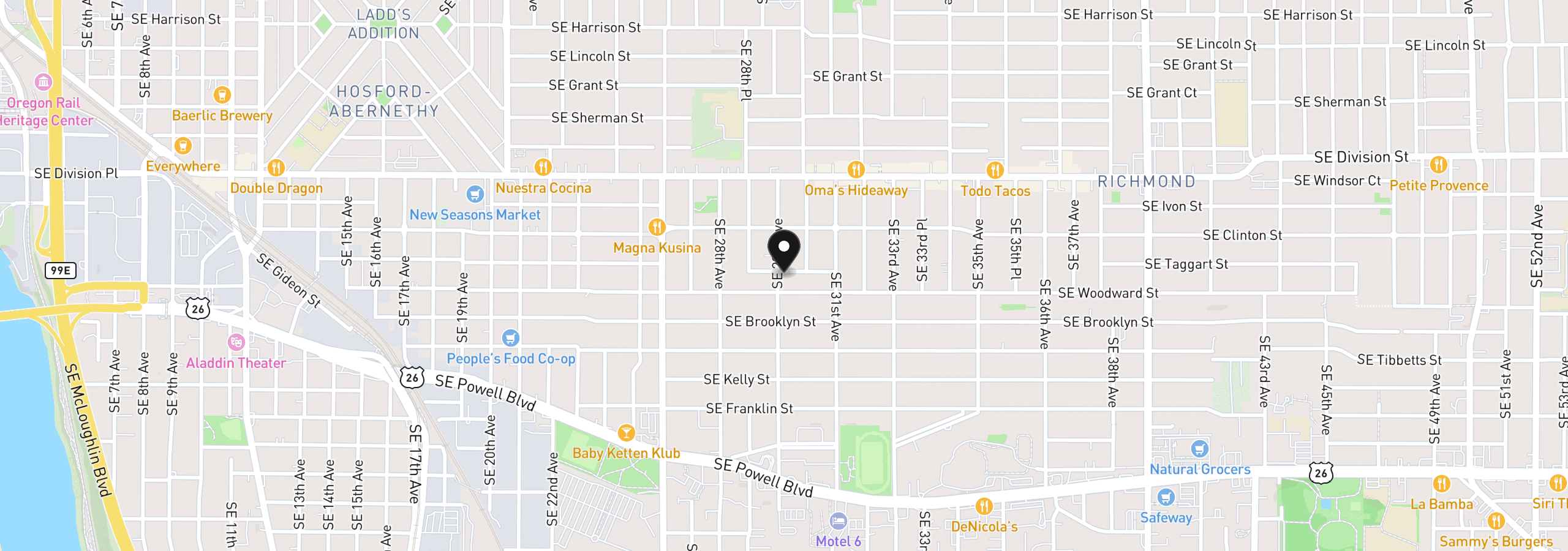 Map showing the location of 2822 SE 29th Ave, Portland, OR 97202