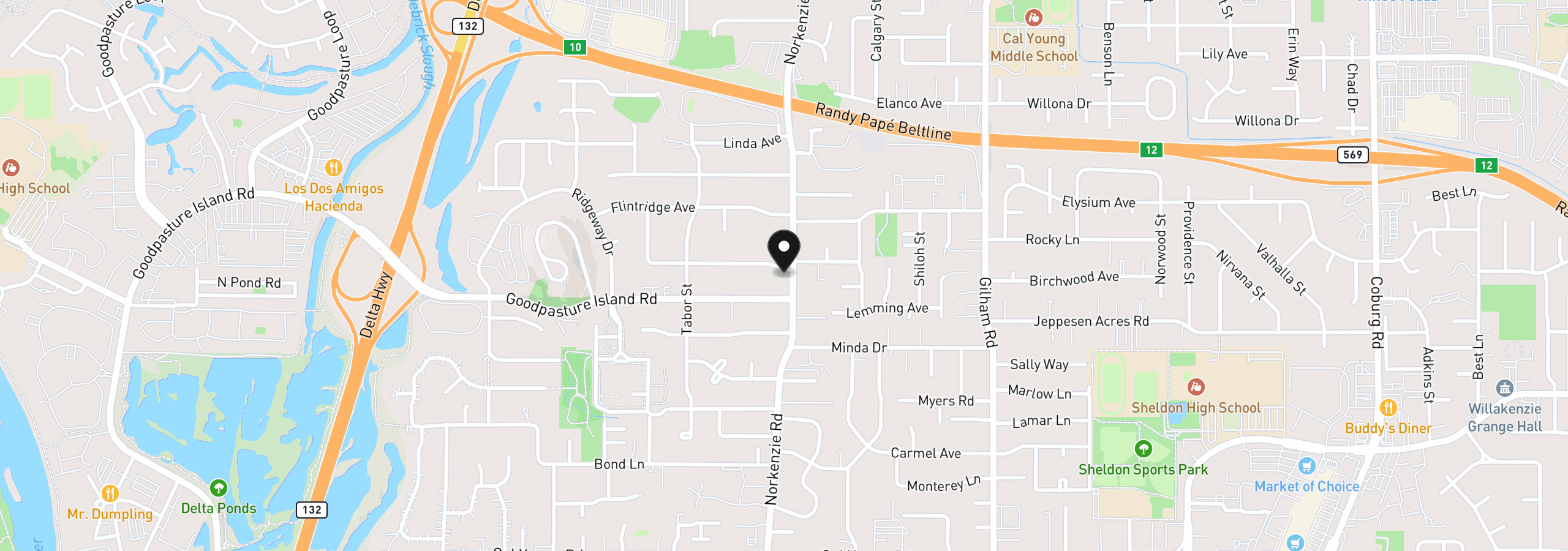 Map showing the location of 1590 Corum Ave, Eugene, OR 97401