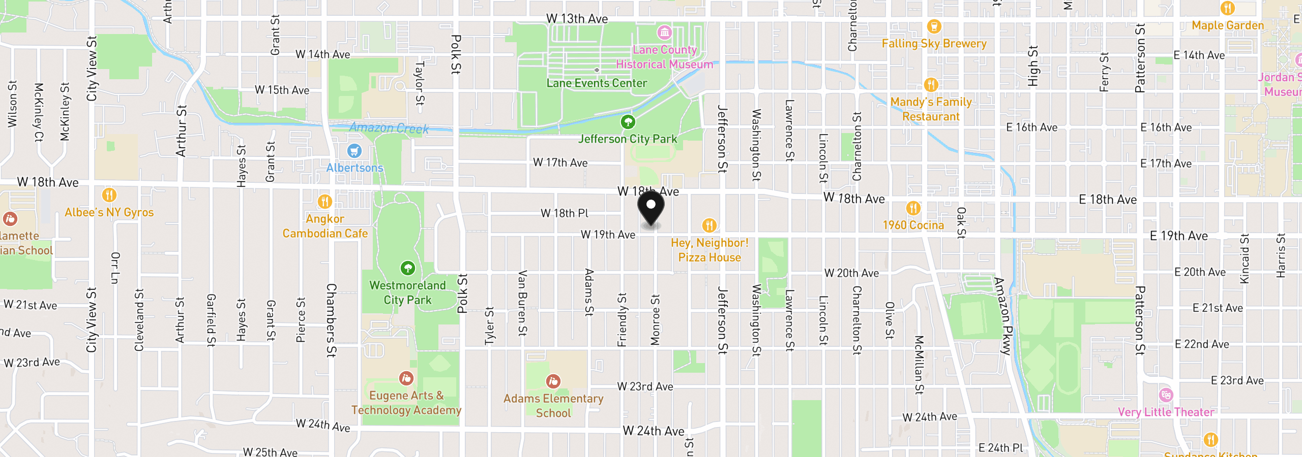 Map showing the location of 807 W 19th Ave, Eugene, OR 97402