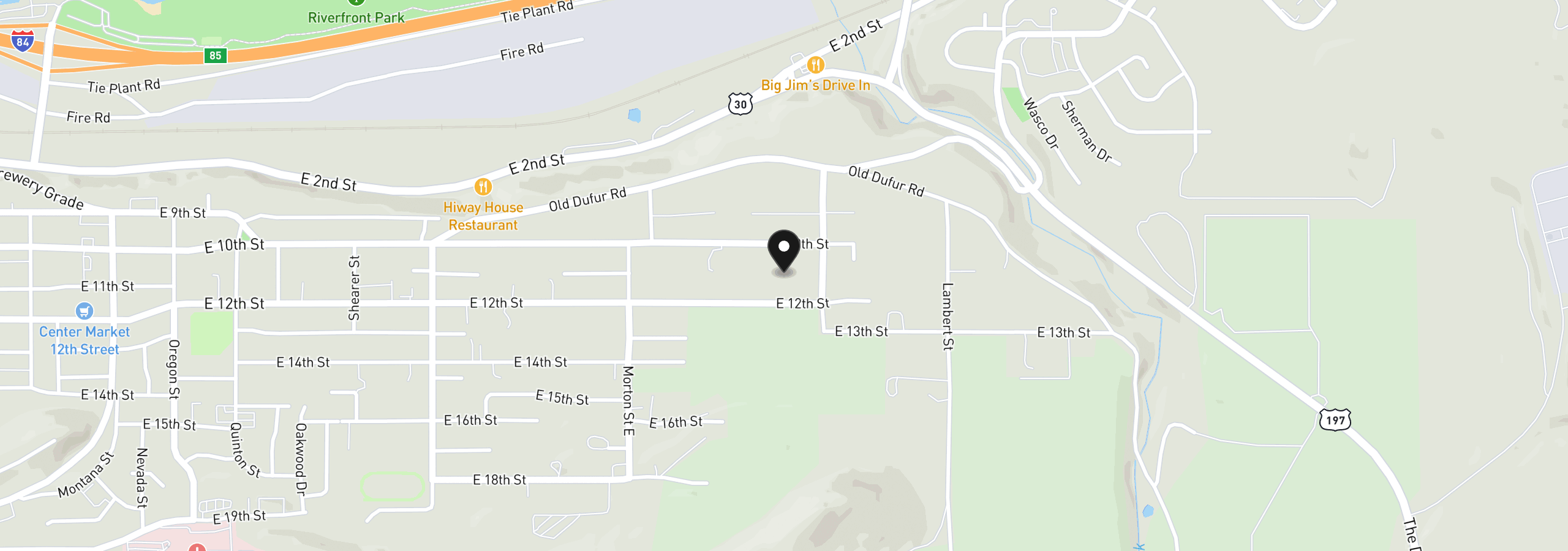 Map showing the location of E 12th Street, The Dalles, OR 97058