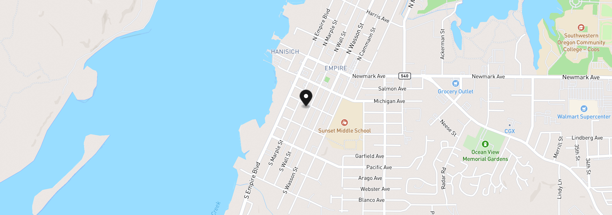 Map showing the location of 312 S Wall St, Coos Bay, OR 97420