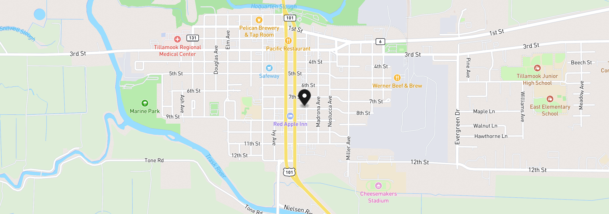 Map showing the location of 714 Laurel Ave, Tillamook, OR 97141