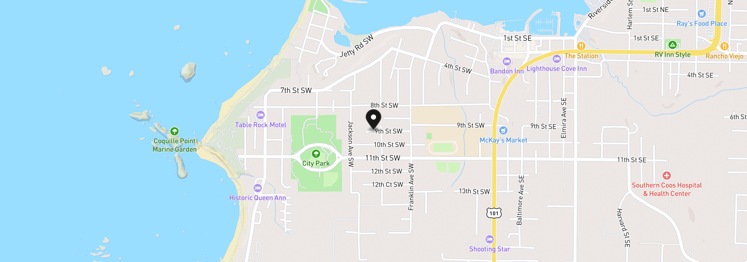Map showing the location of 0 9th St, Bandon, OR 97411