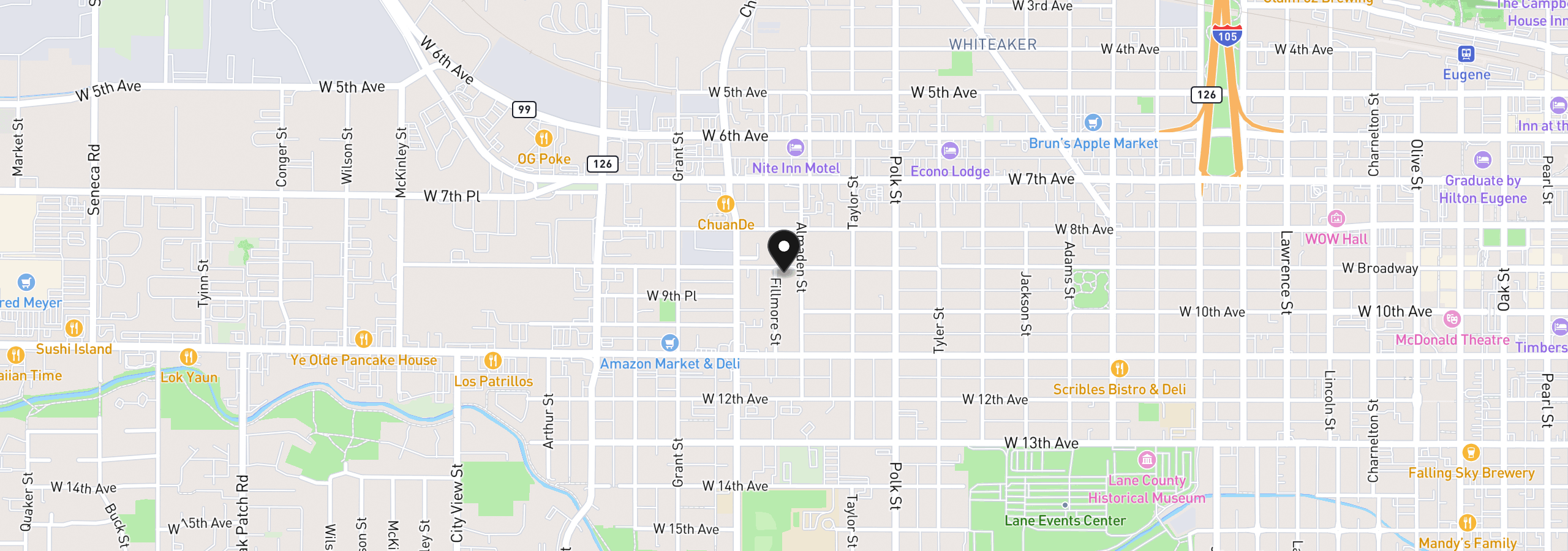 Map showing the location of 1572 W Broadway, Eugene, OR 97402