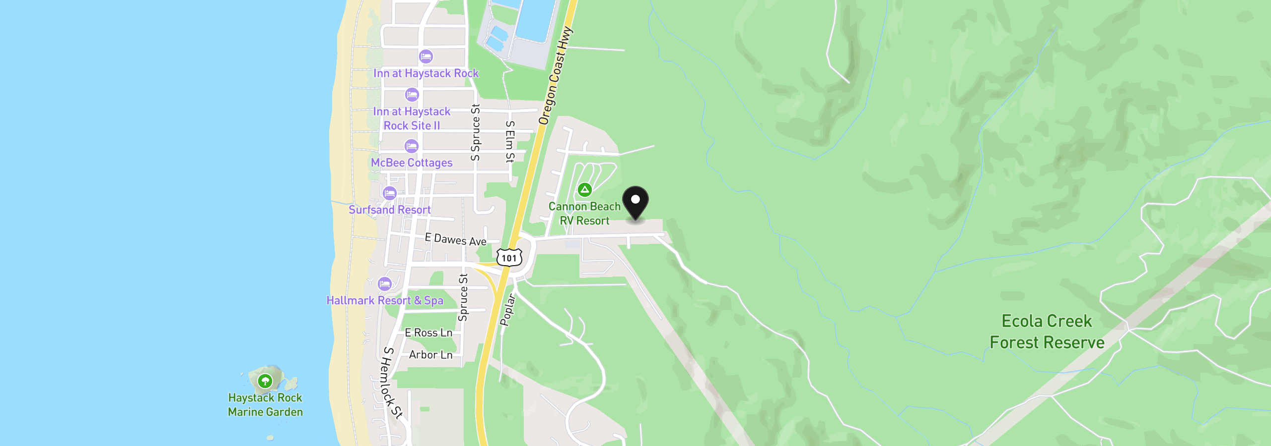 Map showing the location of 420 Elk Creek Rd 201, Cannon Beach, OR 97110
