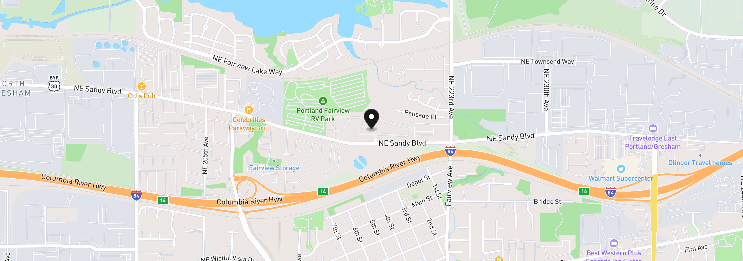 Map showing the location of 21795 NE Larkspur Ln, Fairview, OR 97024