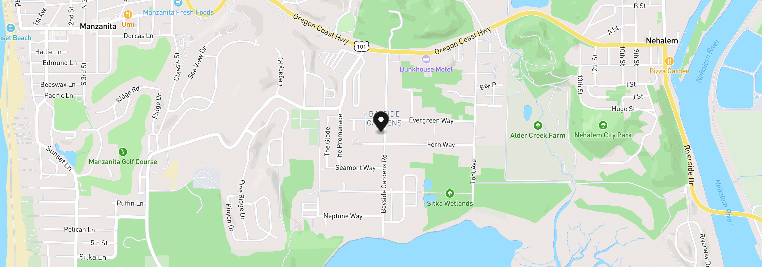 Map showing the location of 35150 Bayside Gardens Rd, Nehalem, OR 97131