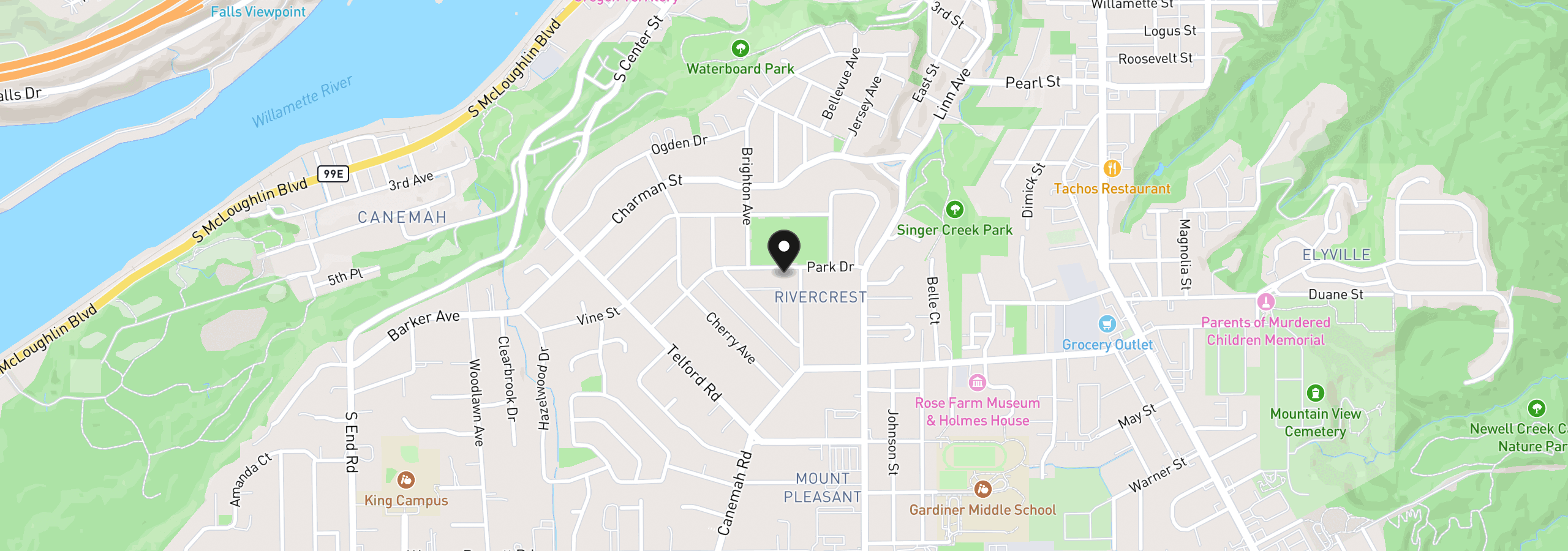 Map showing the location of 214 Park Dr, Oregon City, OR 97045