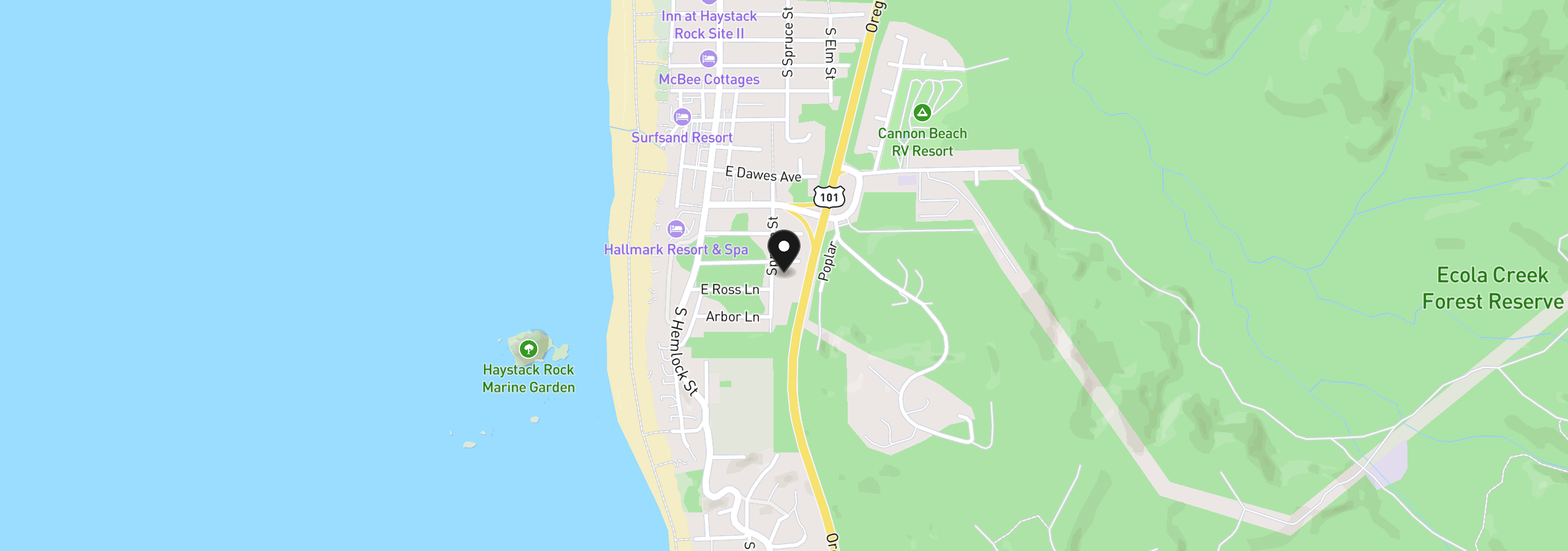 Map showing the location of 1631 S Spruce St, Cannon Beach, OR 97110