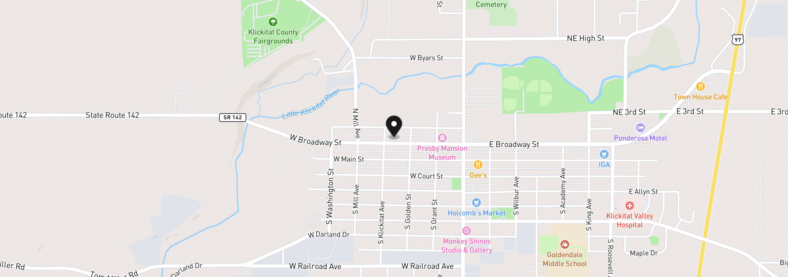 Map showing the location of 323 W Broadway St, Goldendale, Wa 98620