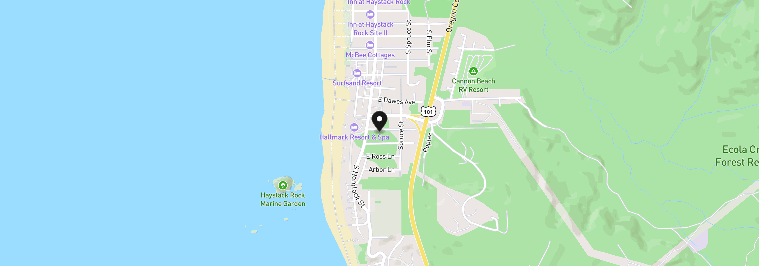 Map showing the location of 131 Elliott Way, Cannon Beach, OR 97110