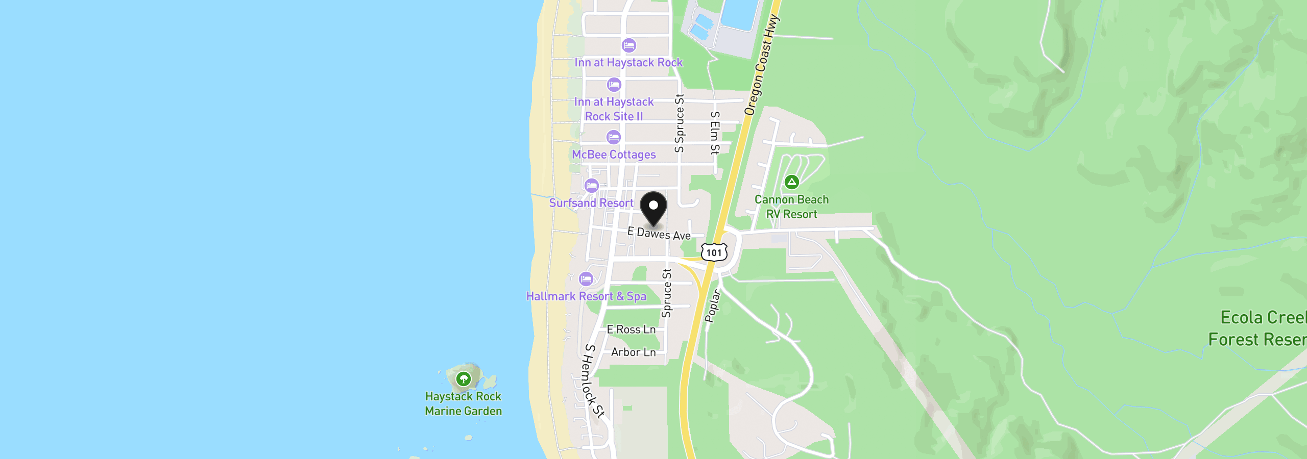 Map showing the location of Dawes, Cannon Beach, OR 97110