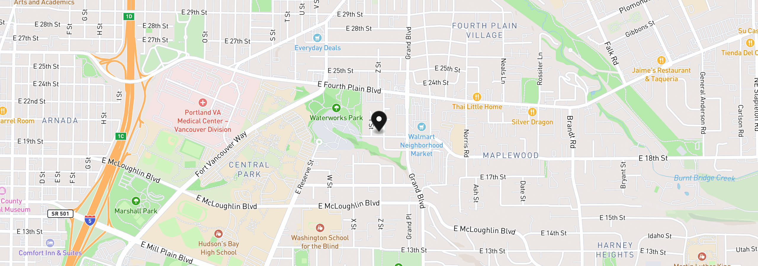 Map showing the location of 2526 E 20th St, Vancouver, Wa 98661