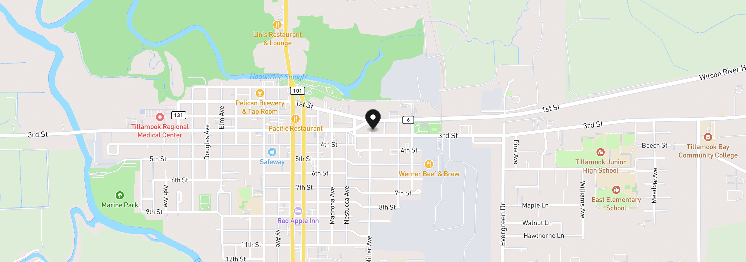 Map showing the location of 113 Miller Ave, Tillamook, OR 97141