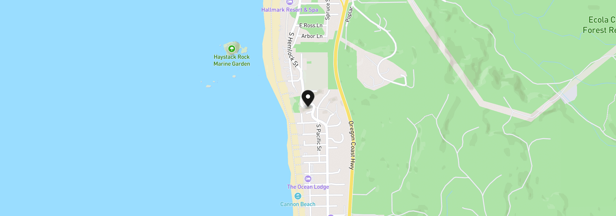 Map showing the location of S Hemlock and Nazina St, Cannon Beach, OR 97110