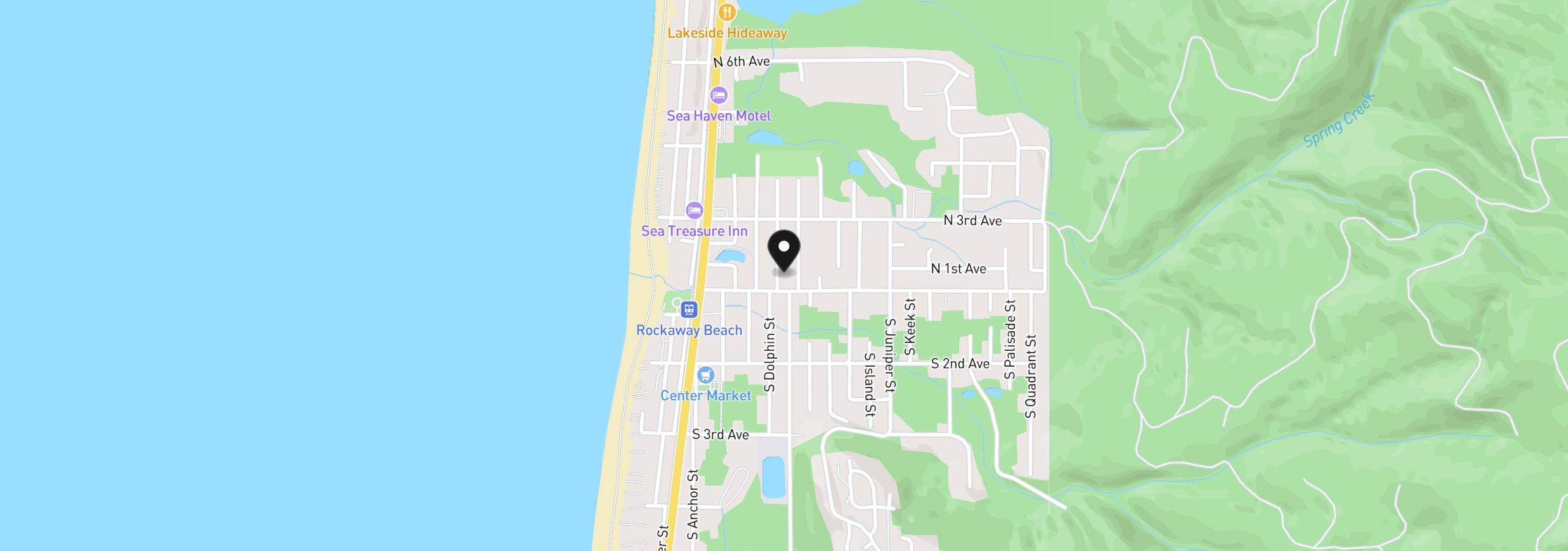 Map showing the location of 130 N Dolphin St, Rockaway Beach, OR 97136