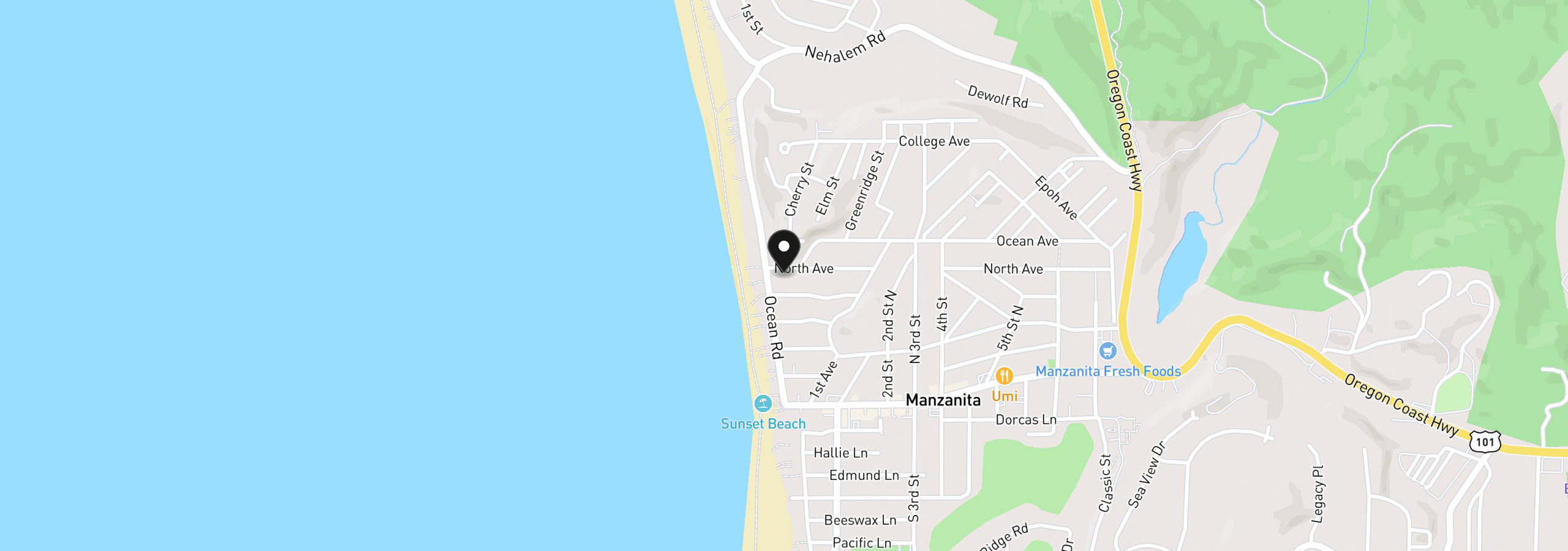 Map showing the location of 28 North Ave, Manzanita, OR 97130