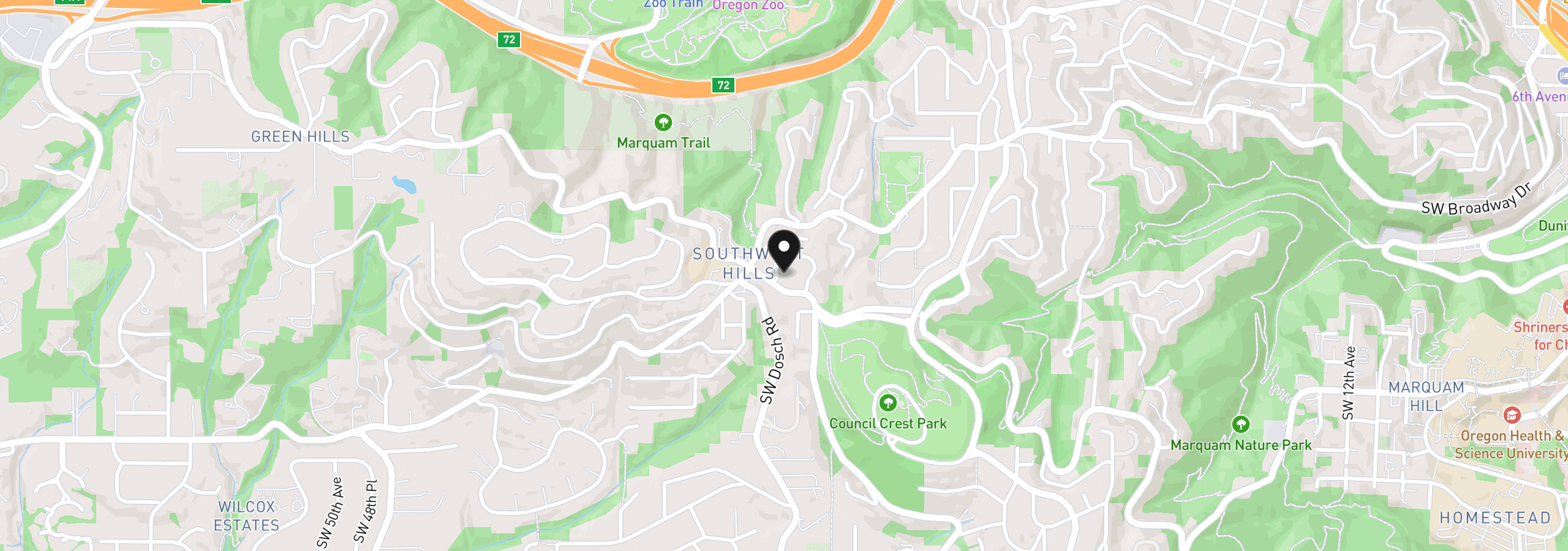Map showing the location of 3484 SW Brentwood Dr, Portland, OR 97201
