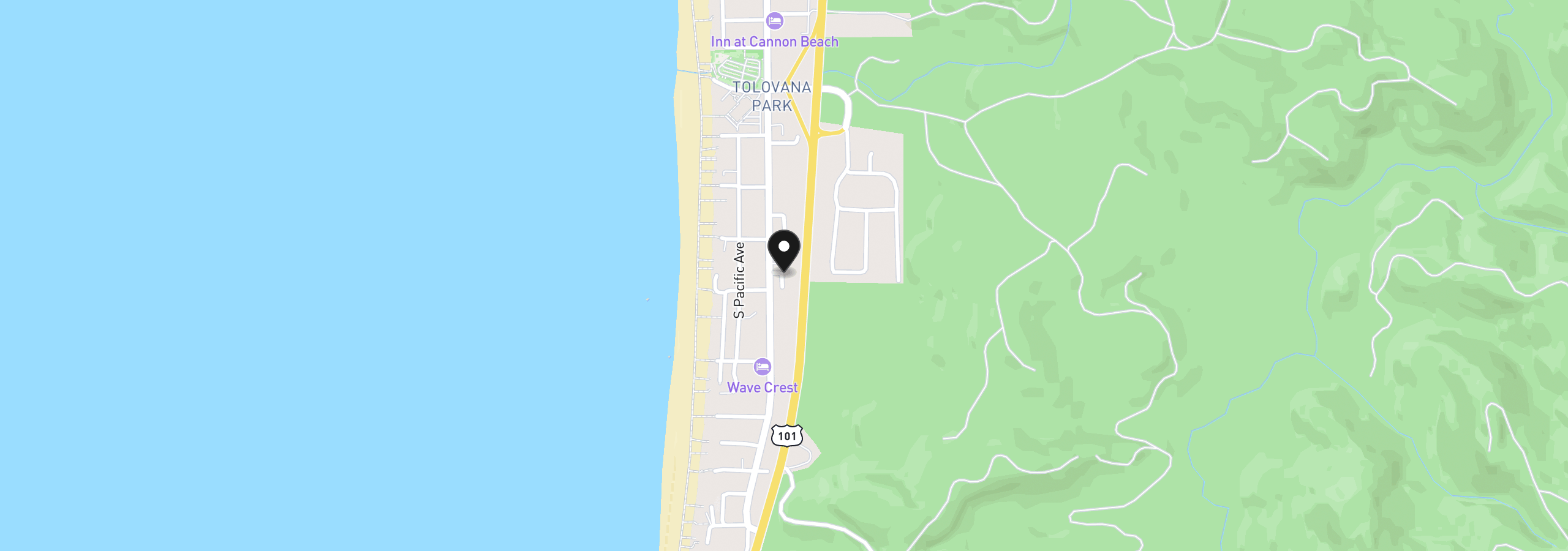 Map showing the location of Tolovana Inn, Cannon Beach, OR 97110
