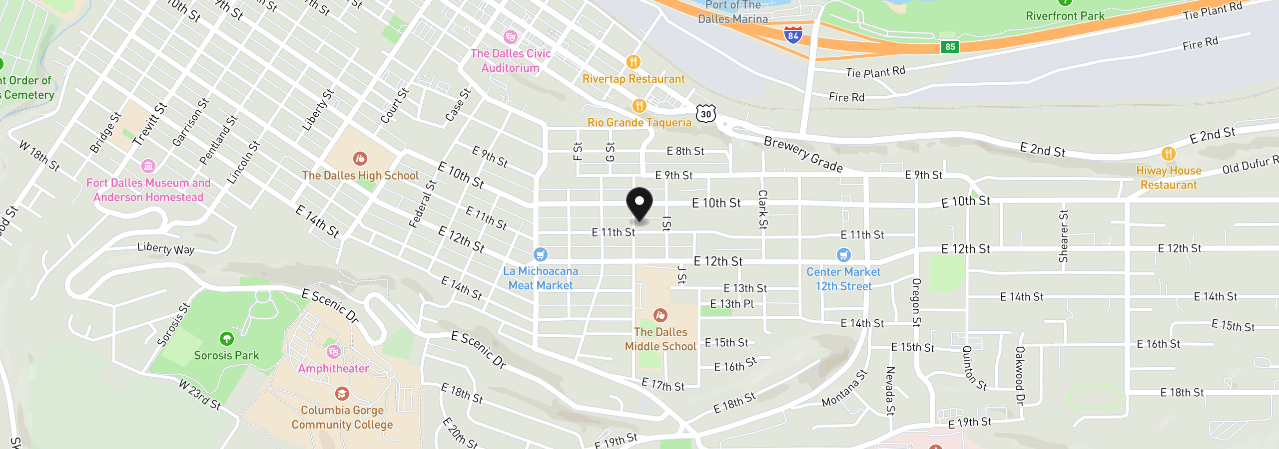 Map showing the location of 1103 E 11th St, The Dalles, OR 97058