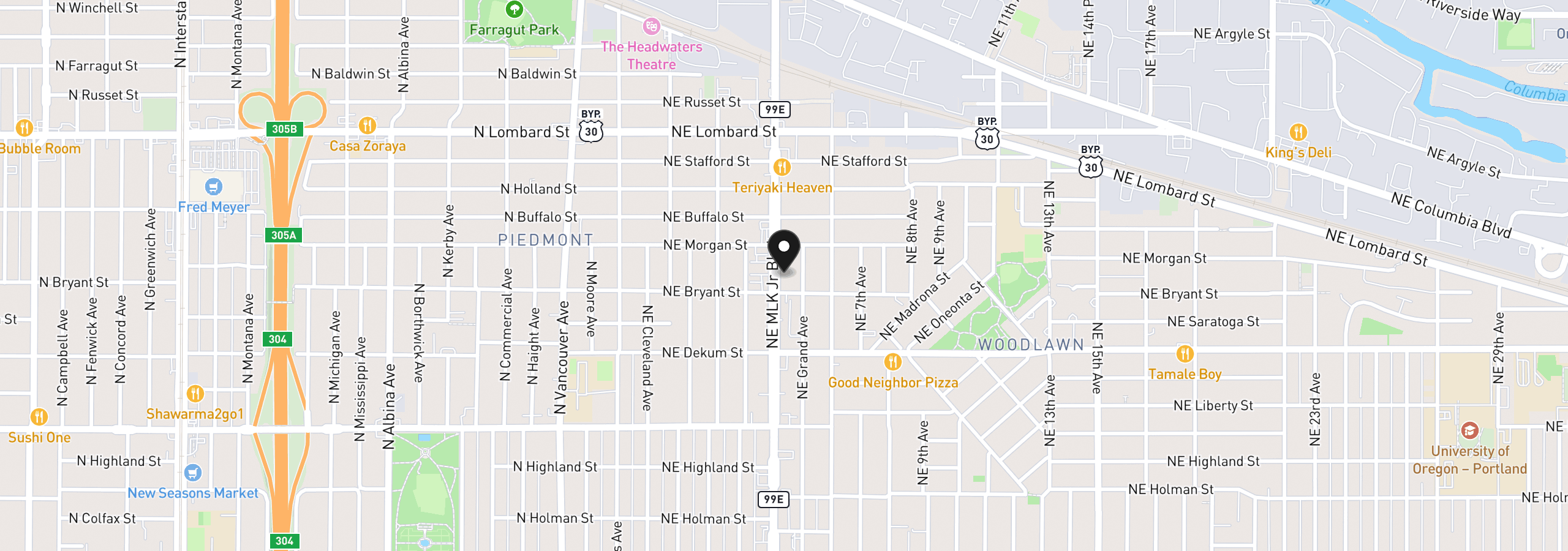 Map showing the location of 7036 NE M L King Blvd, Portland, OR 97211