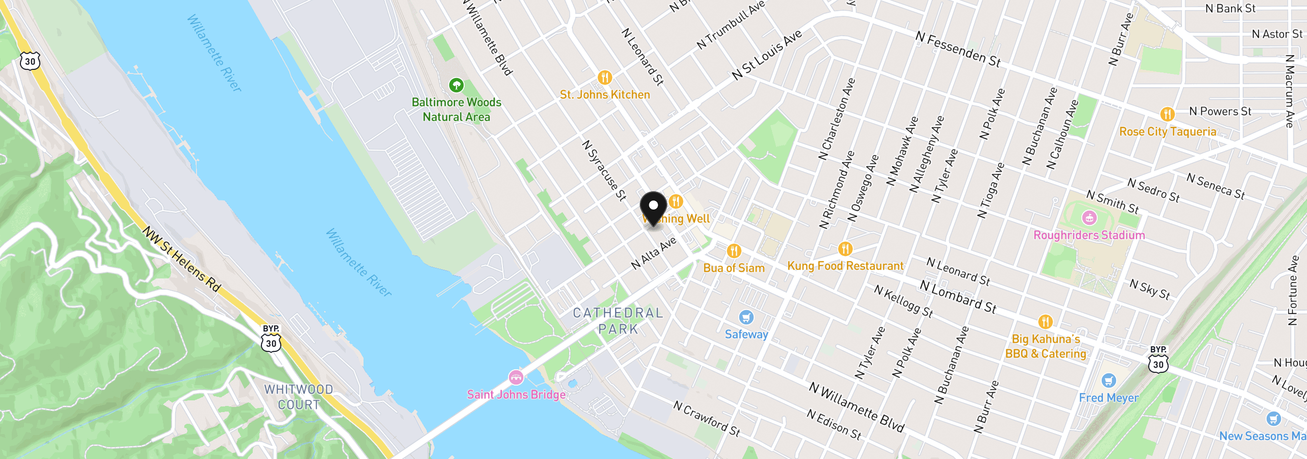 Map showing the location of 7214 N Baltimore Ave, Portland, OR 97203