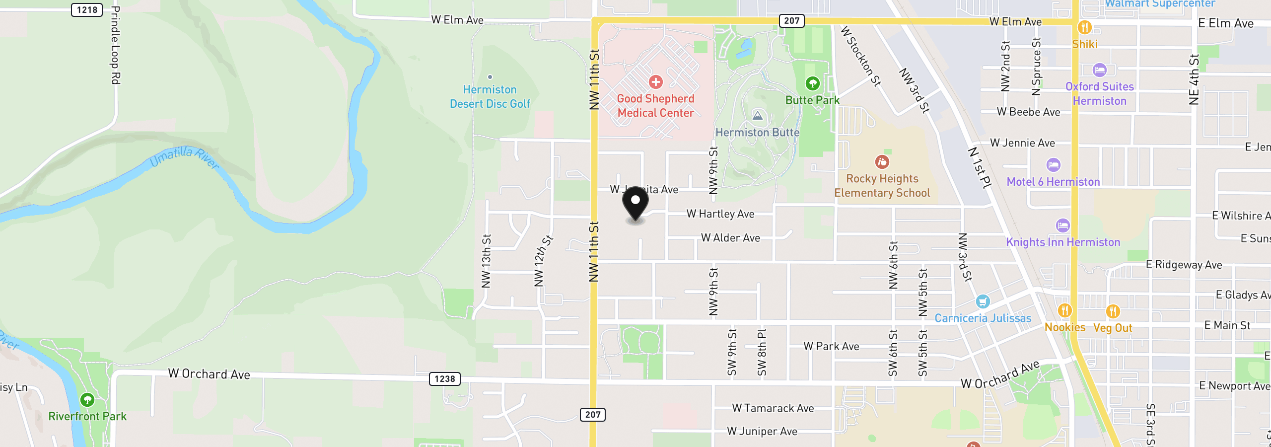 Map showing the location of 1049 W Hartley Ave, Hermiston, OR 97838