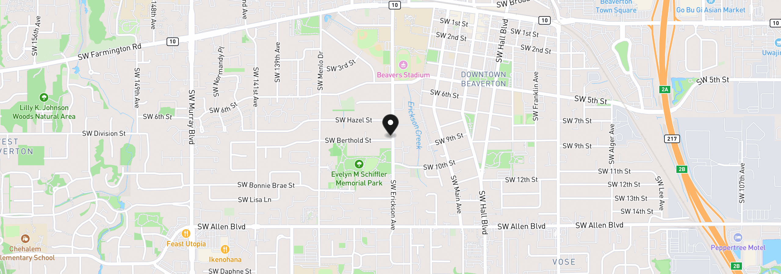 Map showing the location of 5375 SW Erickson Ave, Beaverton, OR 97005