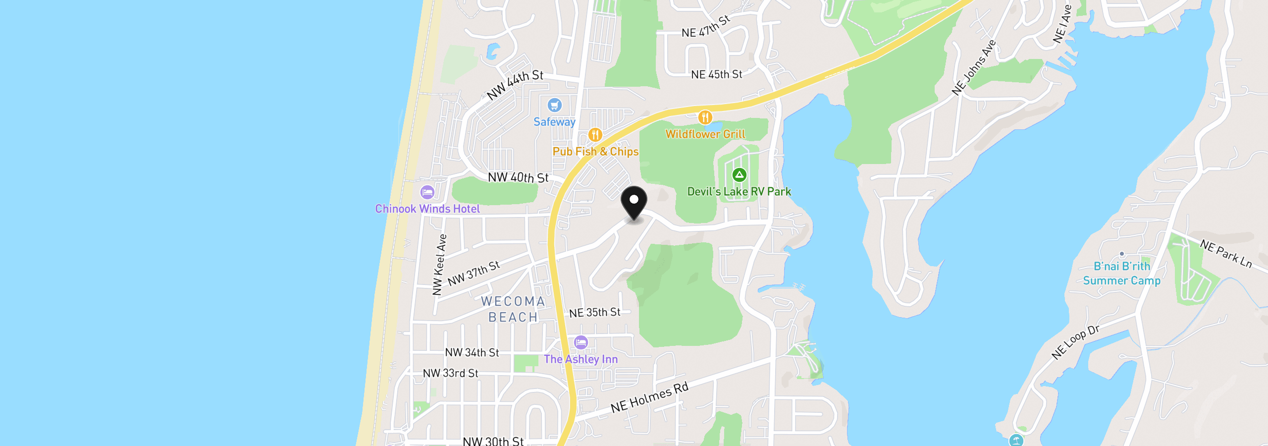 Map showing the location of 2432 NE 36th Dr, Lincoln City, OR 97367