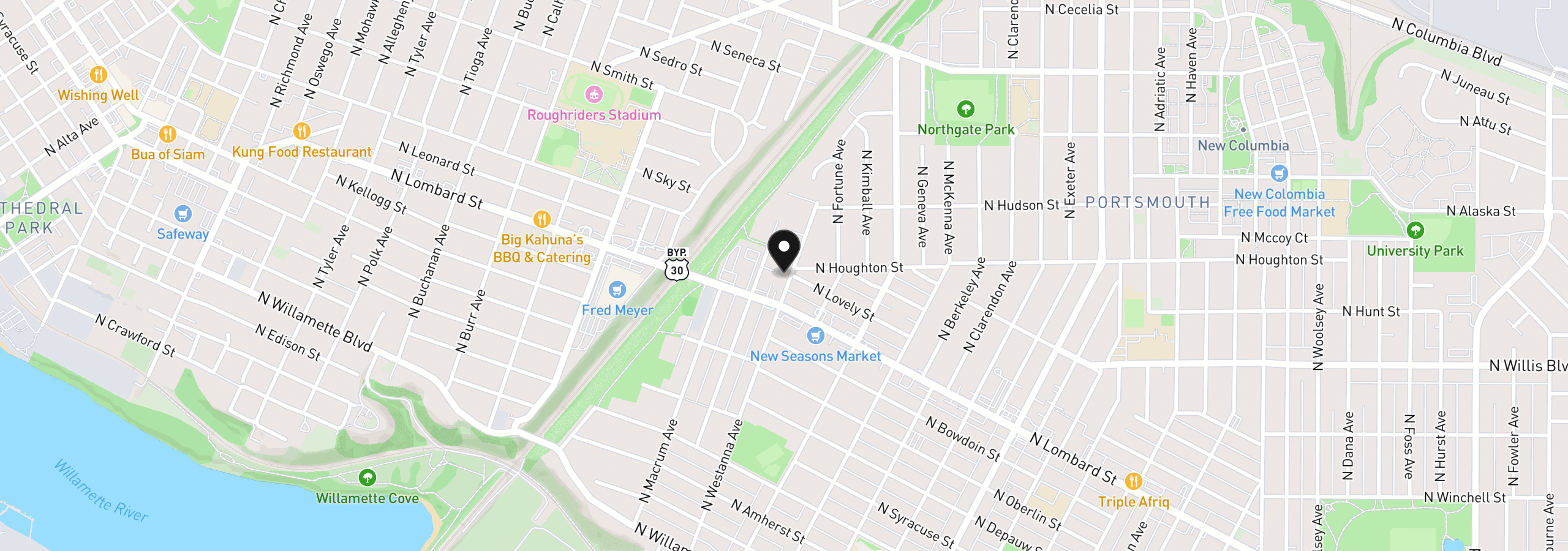Map showing the location of 7659 N Westanna Ave, Portland, OR 97203
