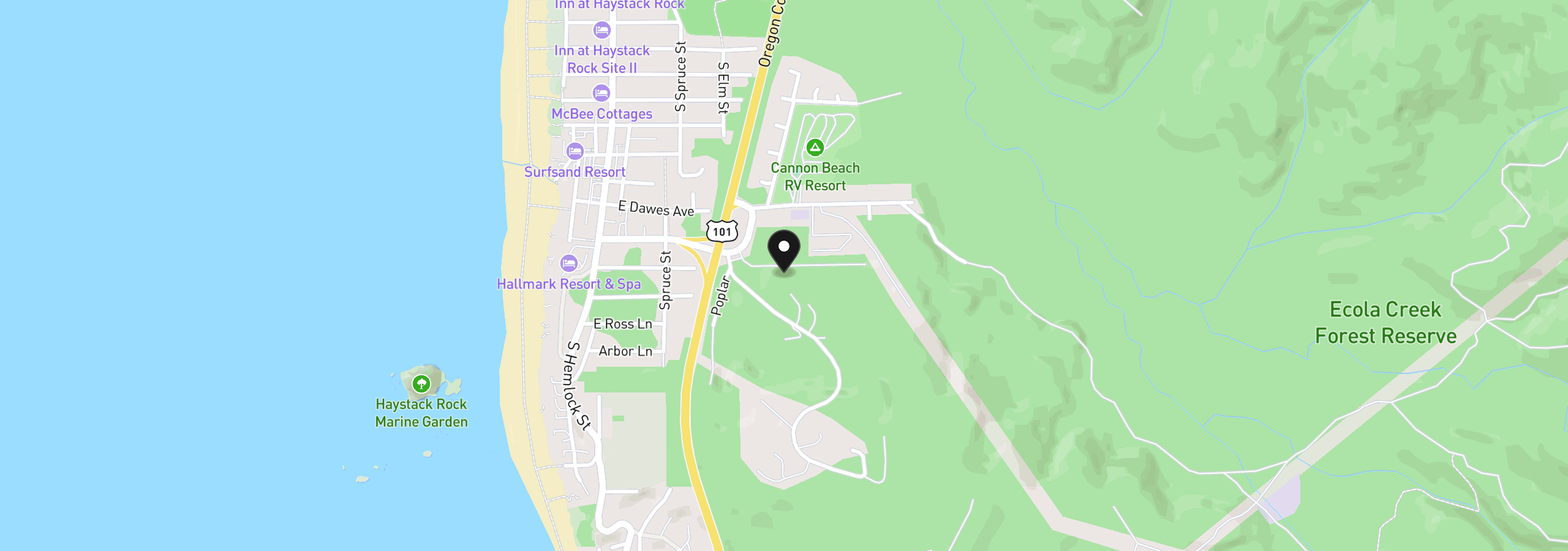 Map showing the location of Resevoir Rd, Cannon Beach, OR 97110