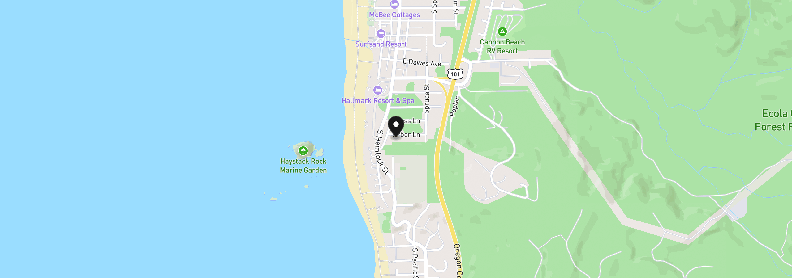 Map showing the location of 115 Arbor Ln, Cannon Beach, OR 97110