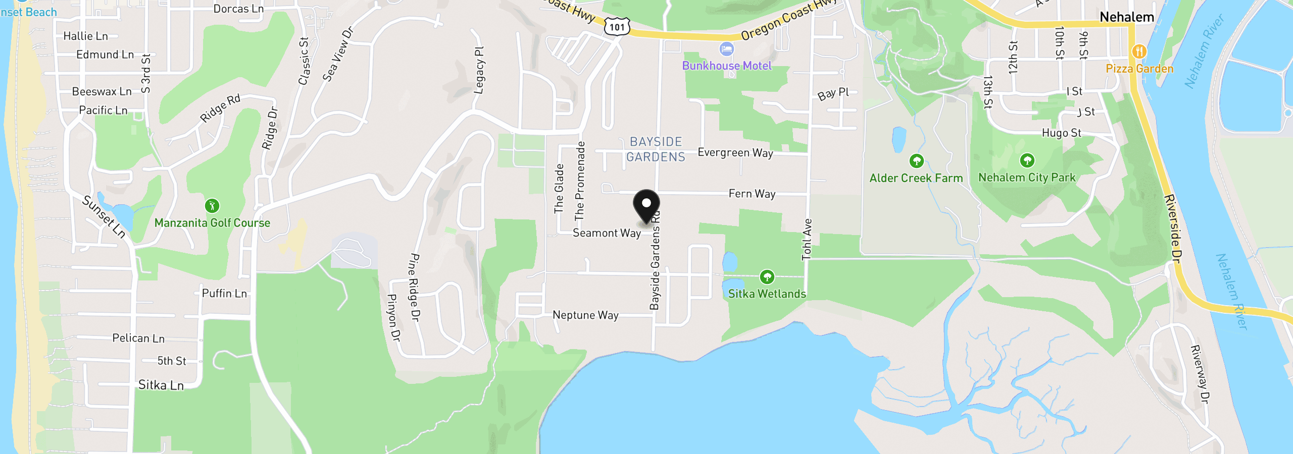 Map showing the location of 35010 Bayside Gardens Rd, Nehalem, OR 97131
