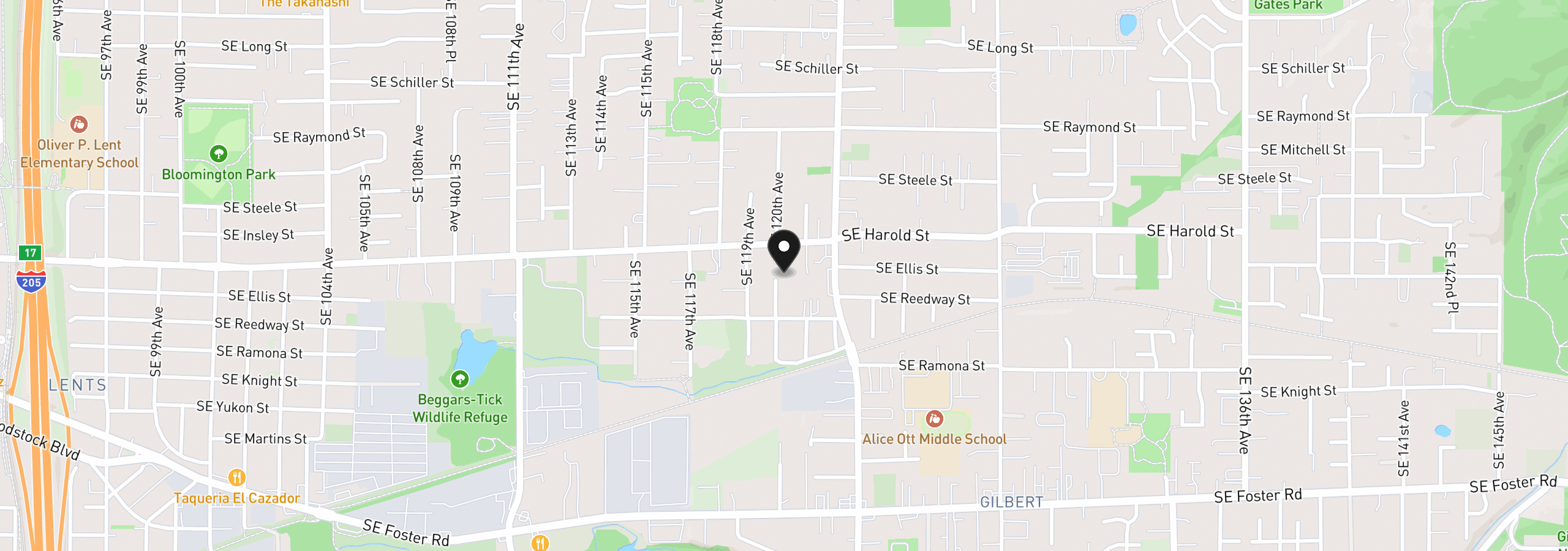 Map showing the location of 5580 SE 120th Ave, Portland, OR 97266