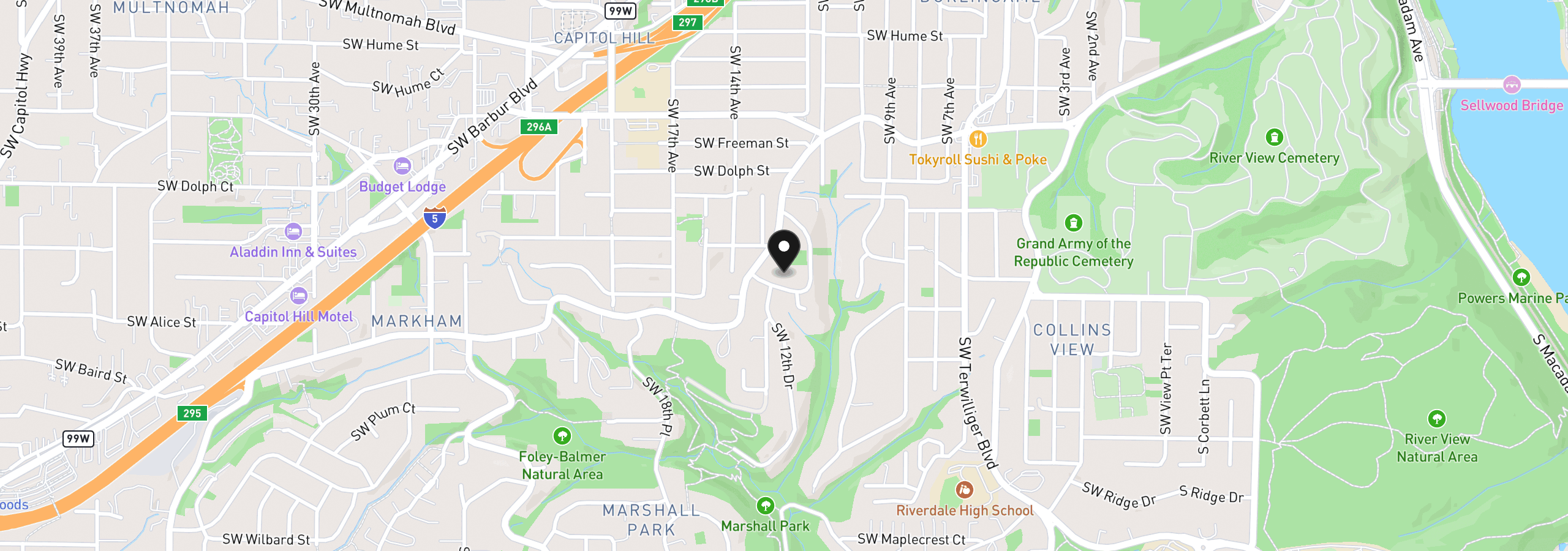 Map showing the location of SW Taylors Ferry Ct, Portland, OR 97219