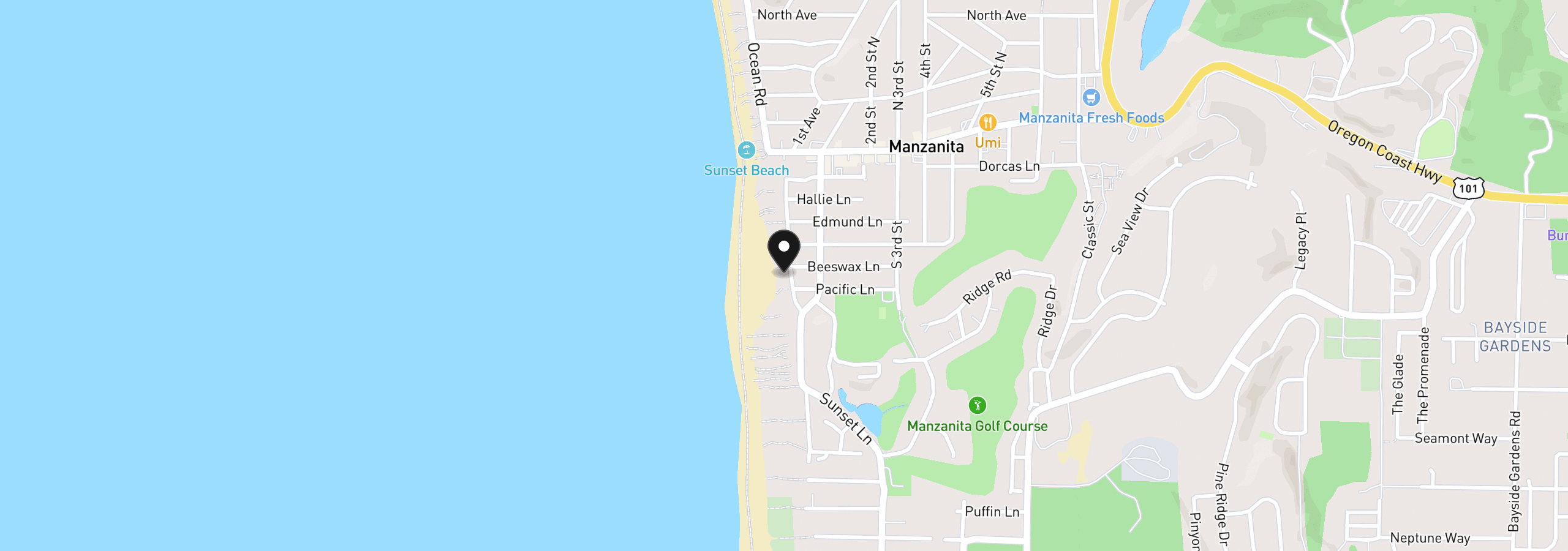 Map showing the location of 649 Beach St, Manzanita, OR 97130