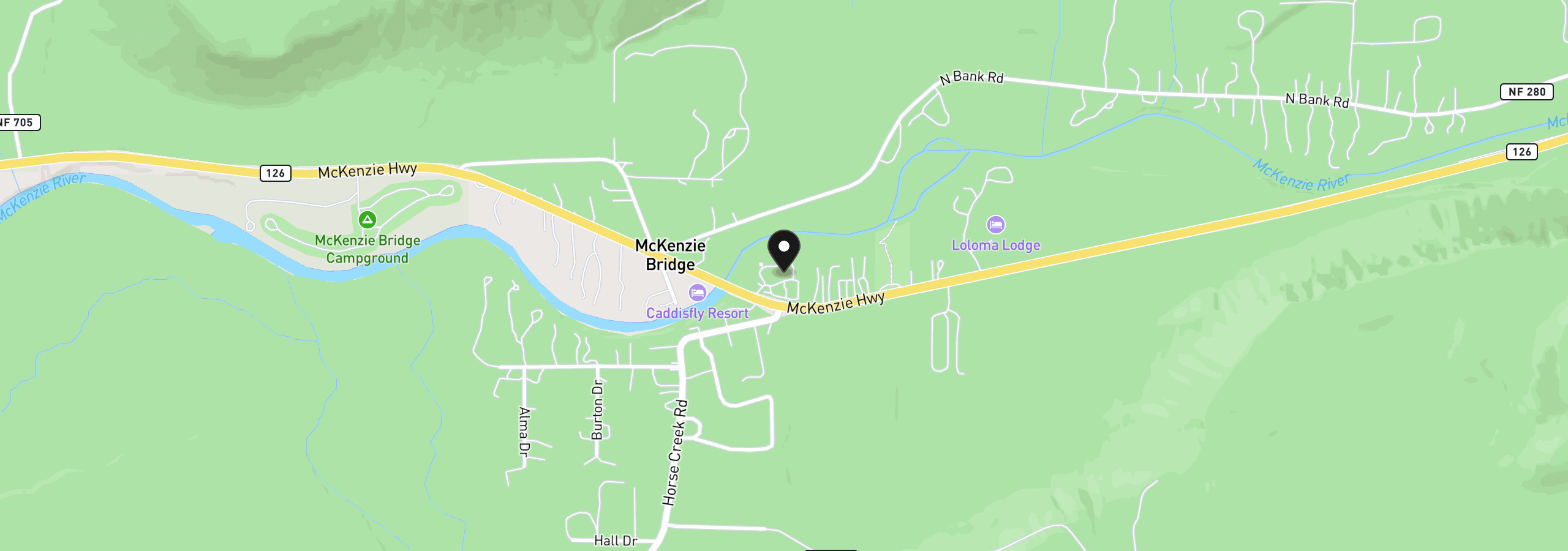 Map showing the location of 56483 McKenzie Hwy 14, McKenzie Bridge, OR 97413