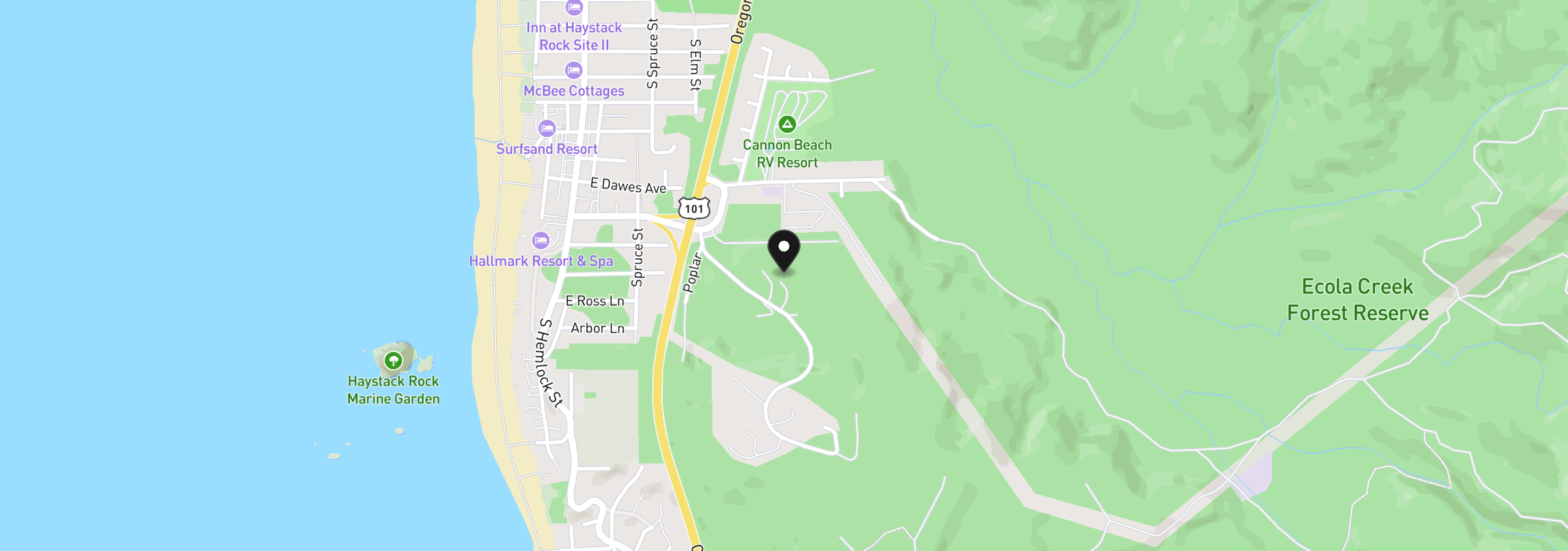 Map showing the location of 387 Sunset Blvd, Cannon Beach, OR 97110