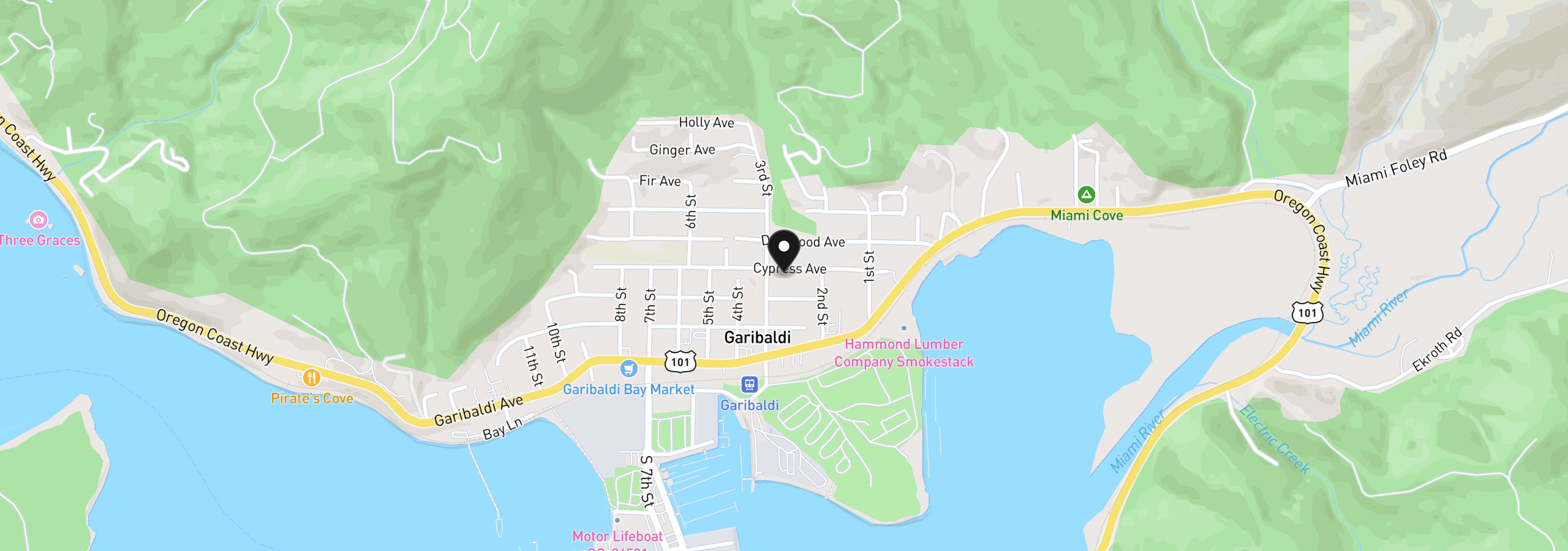 Map showing the location of 215 Cypress Ave, Garibaldi, OR 97118