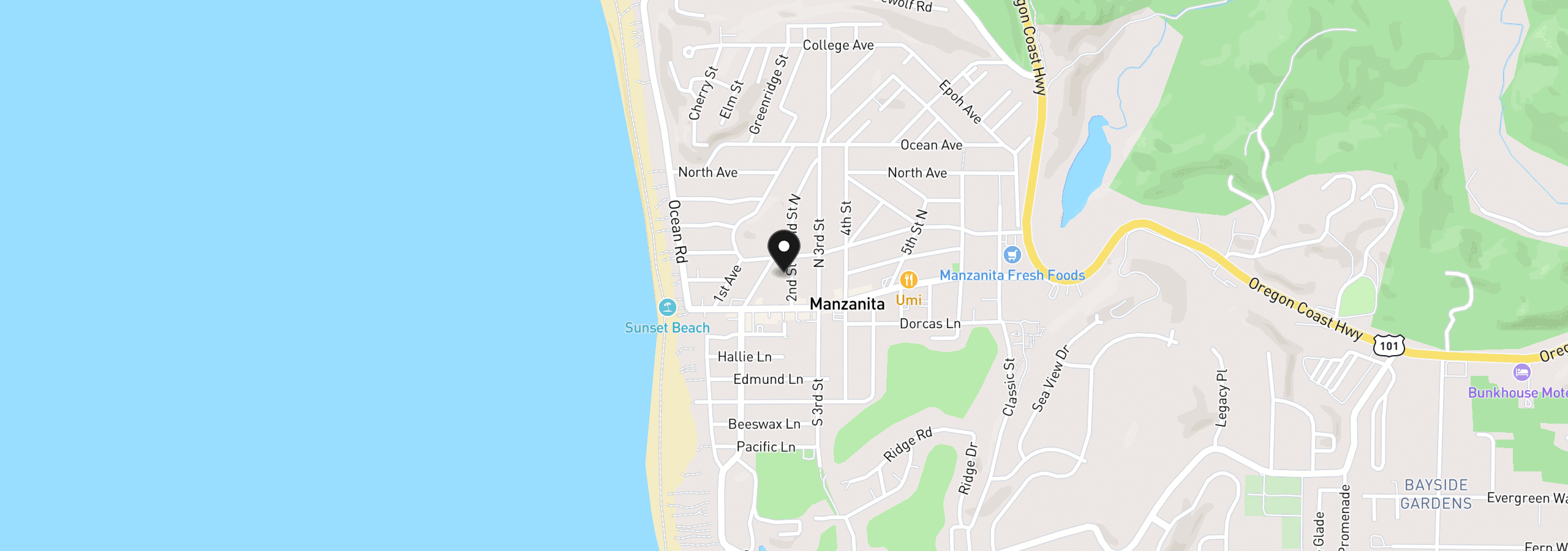 Map showing the location of 247 Second St, Manzanita, OR 97130