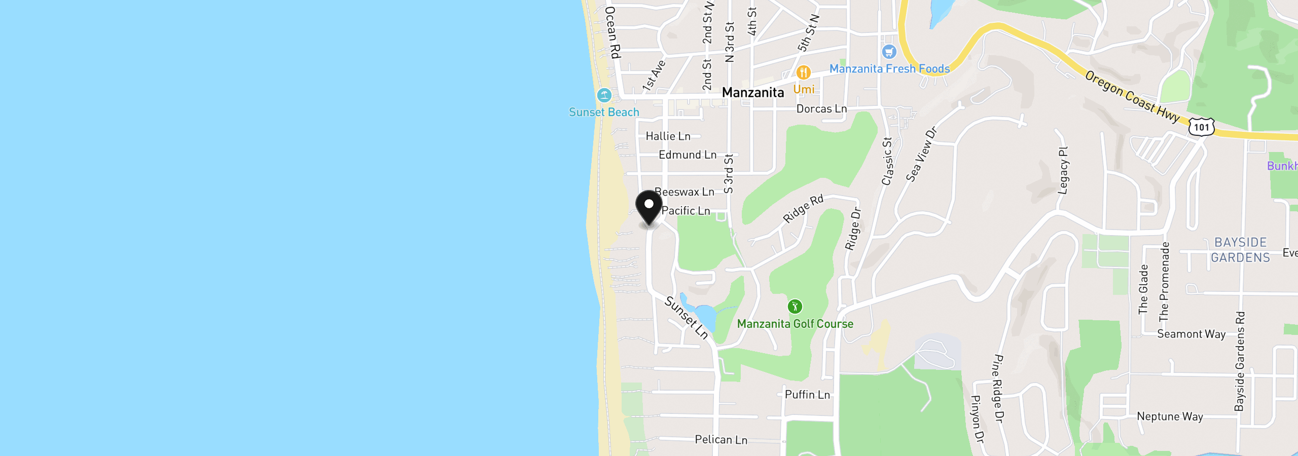 Map showing the location of S Beach St, Manzanita, OR 97130