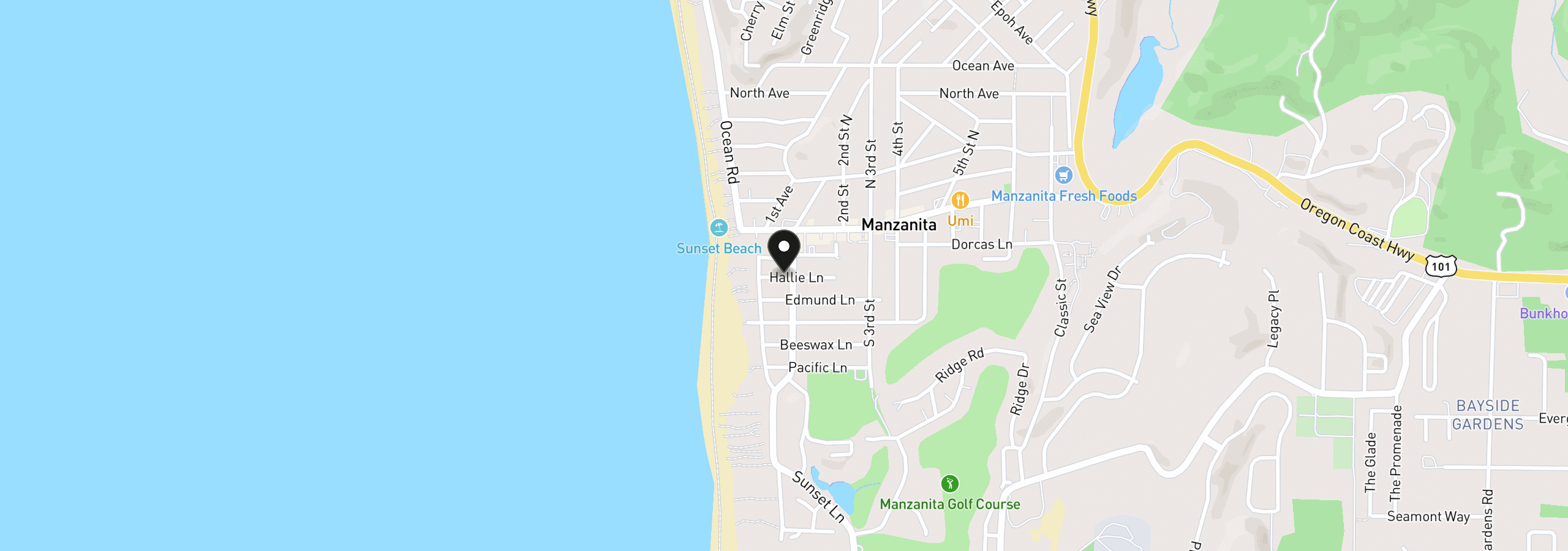 Map showing the location of 85 Hallie Ln, Manzanita, OR 97130