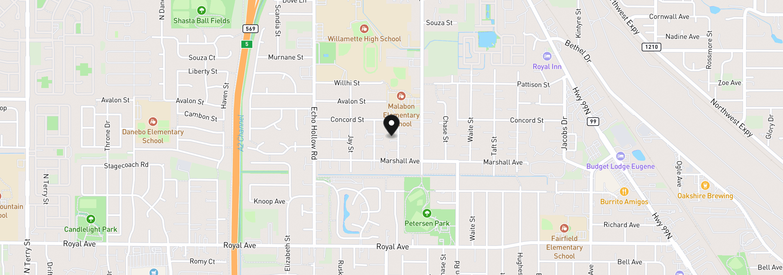 Map showing the location of 1300 Ellsworth St, Eugene, OR 97402