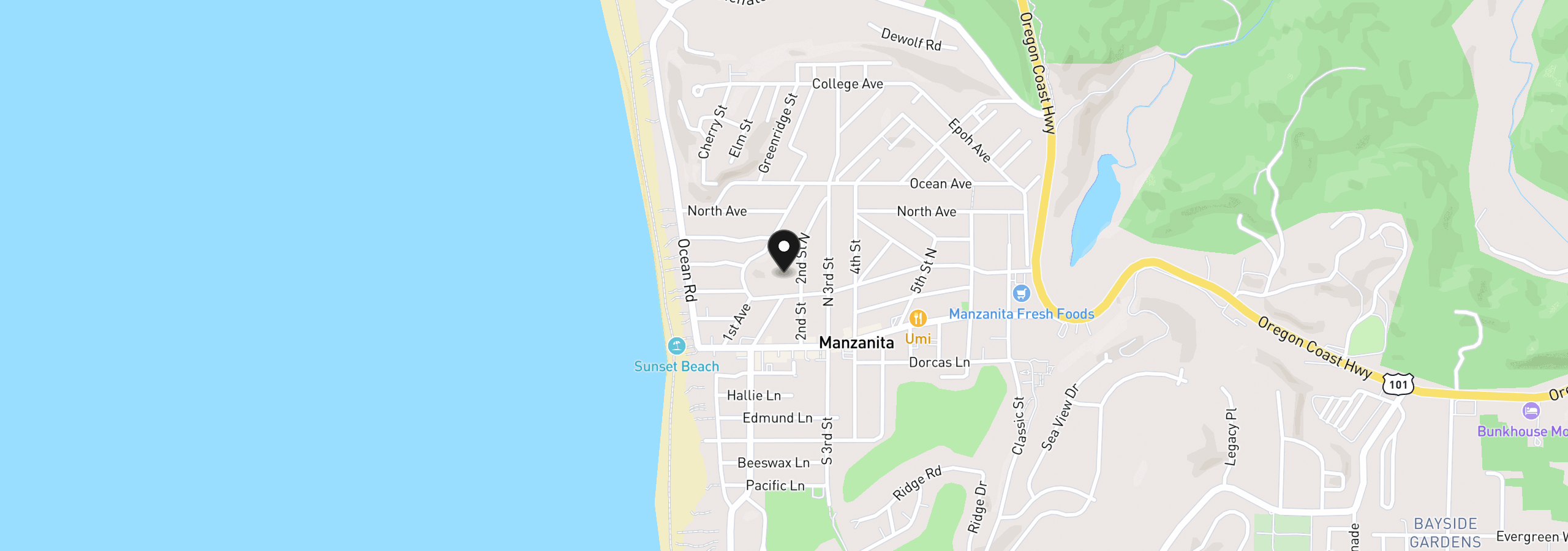 Map showing the location of 327 N Second St, Manzanita, OR 97130