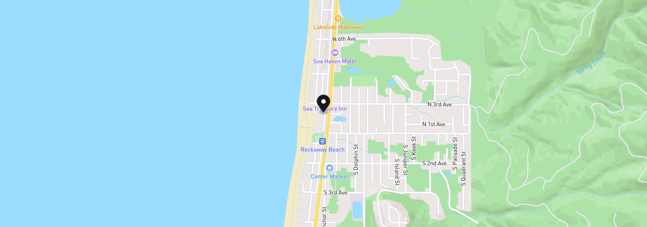 Map showing the location of 185 N Miller St, Rockaway Beach, OR 97136