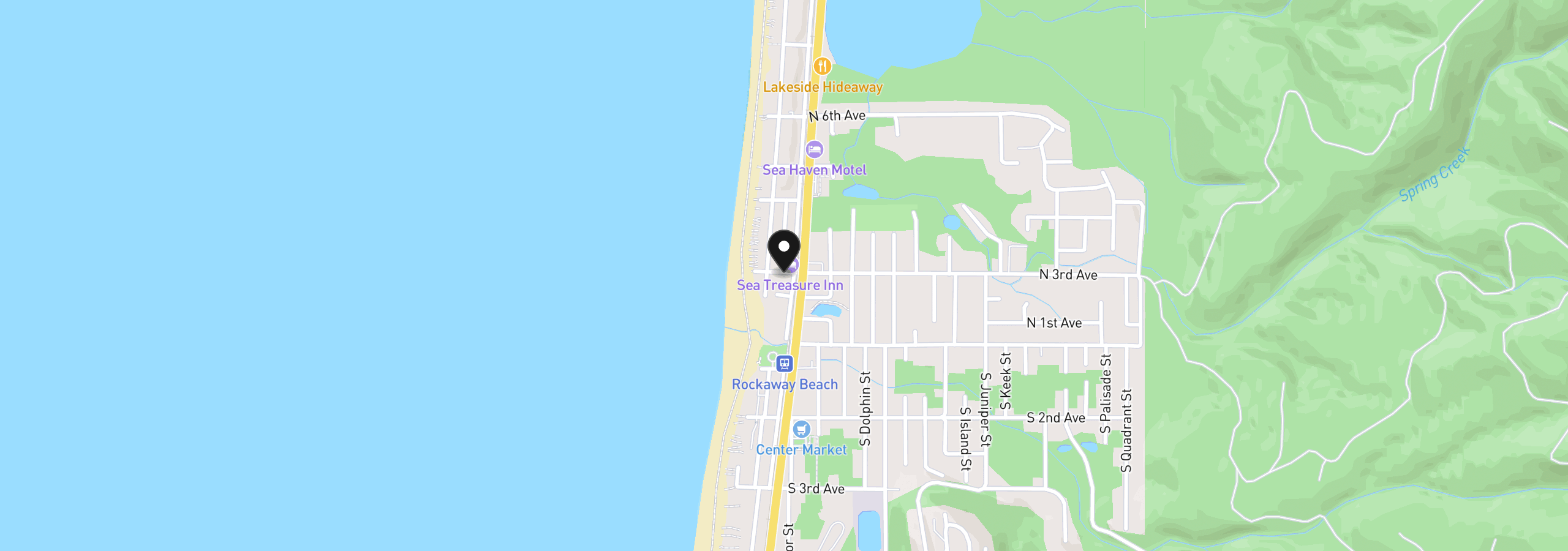 Map showing the location of 130 N 3rd Ave, Rockaway Beach, OR 97136