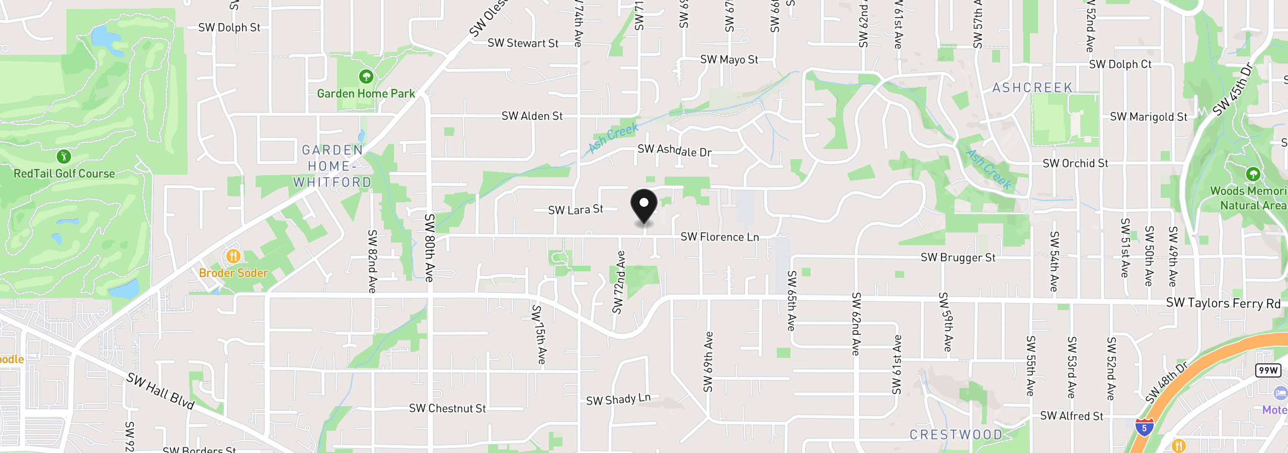 Map showing the location of 8689 SW 71st Ter, Portland, OR 97223