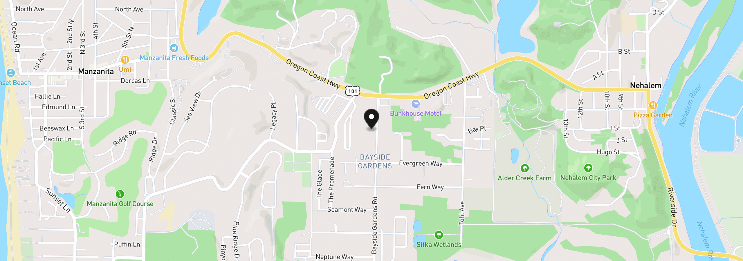 Map showing the location of 35350 Bayside Gardens Rd, Nehalem, OR 97131